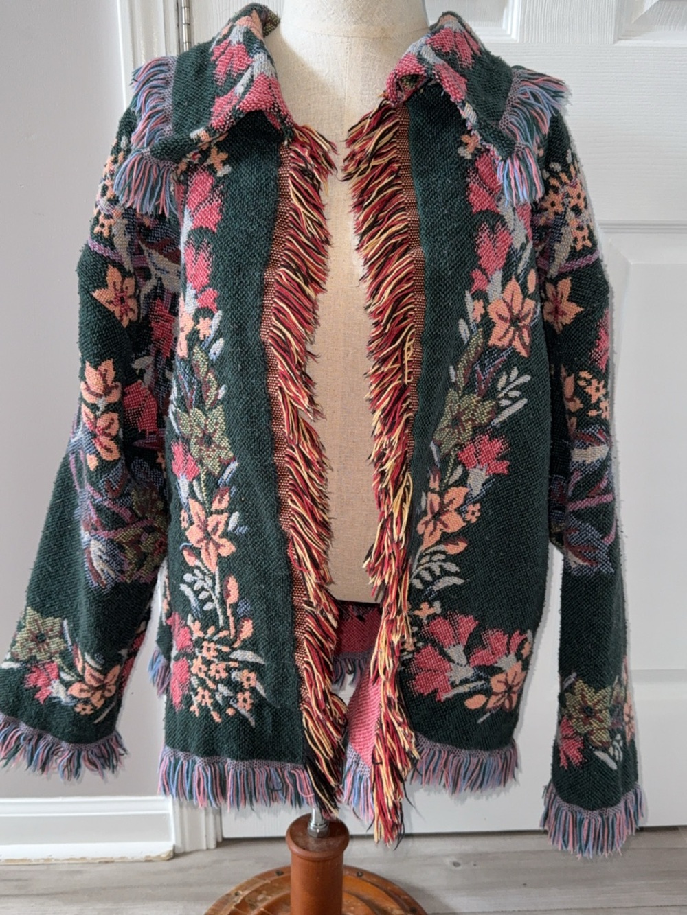 Floral Fringe Open-Front Women's Sweater Cardigan - Dark Green
